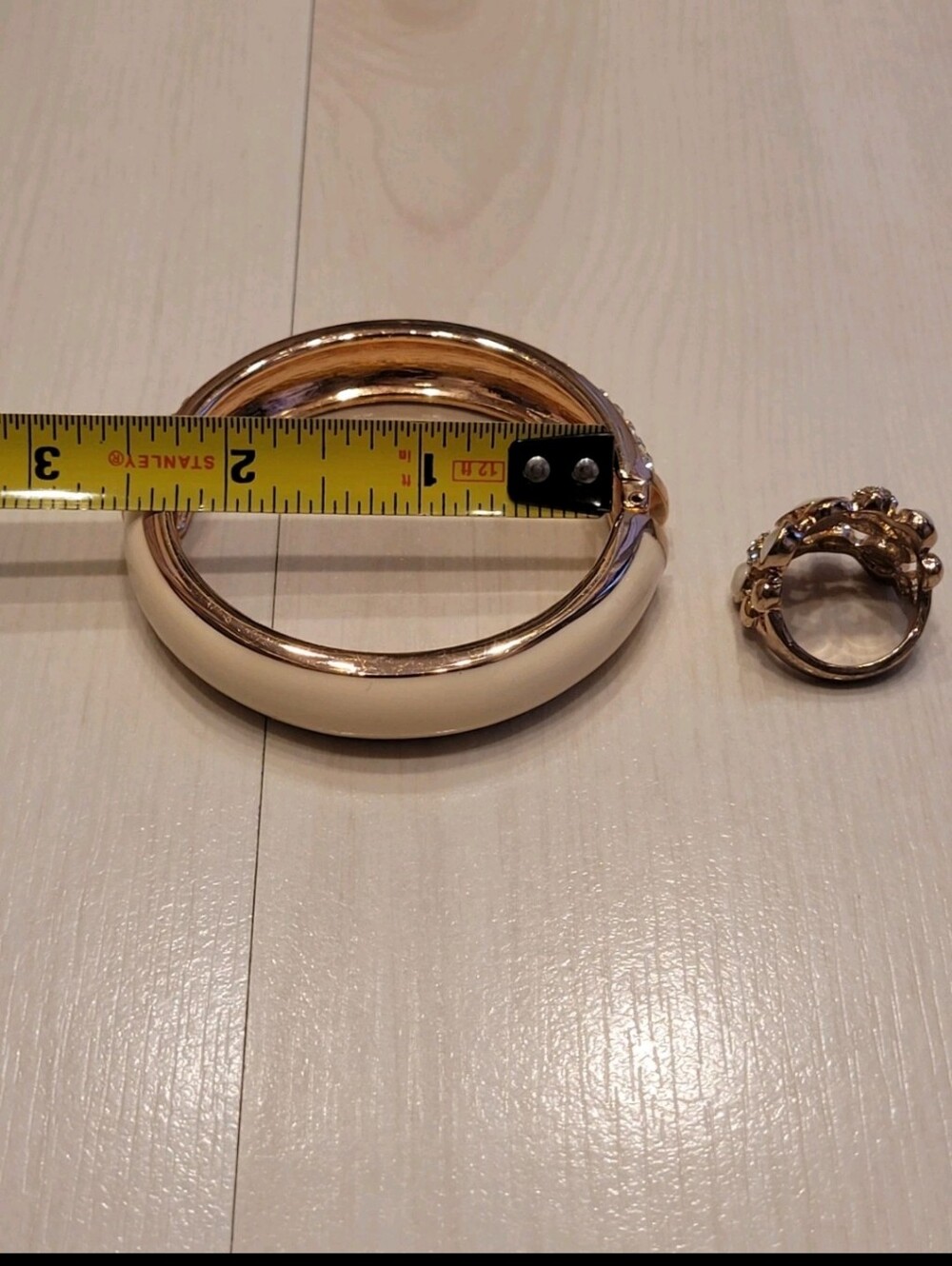Rose Gold Colored Rhinestone Cream Bangle & Ring Set - Picture 3 of 6